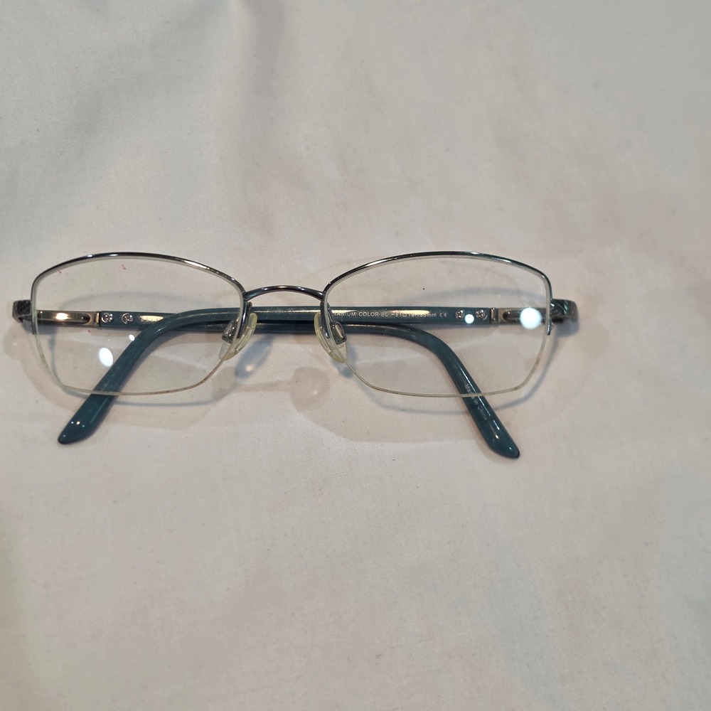 ELLE Titanium Eyeglass Frames Women 51-19-135 Blue Silver Semi-Rimless Etched